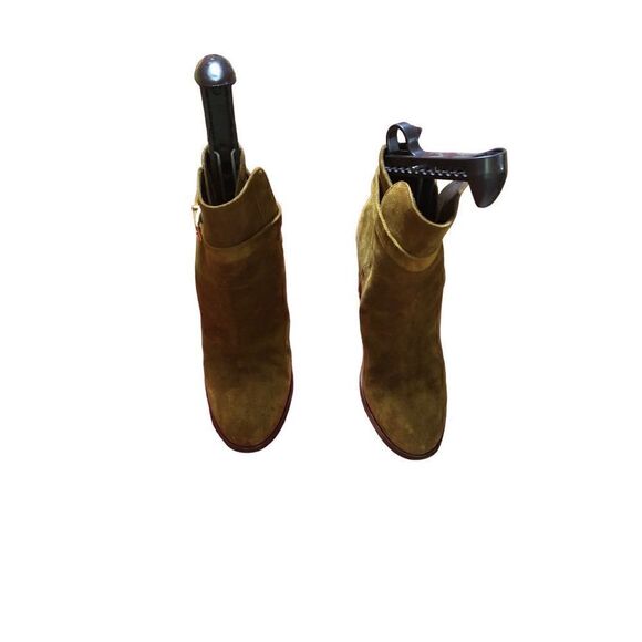 J Crew Suede Wraparound Buckle Ankle Boots, Vintage Amber block heel - Picture 2 of 9